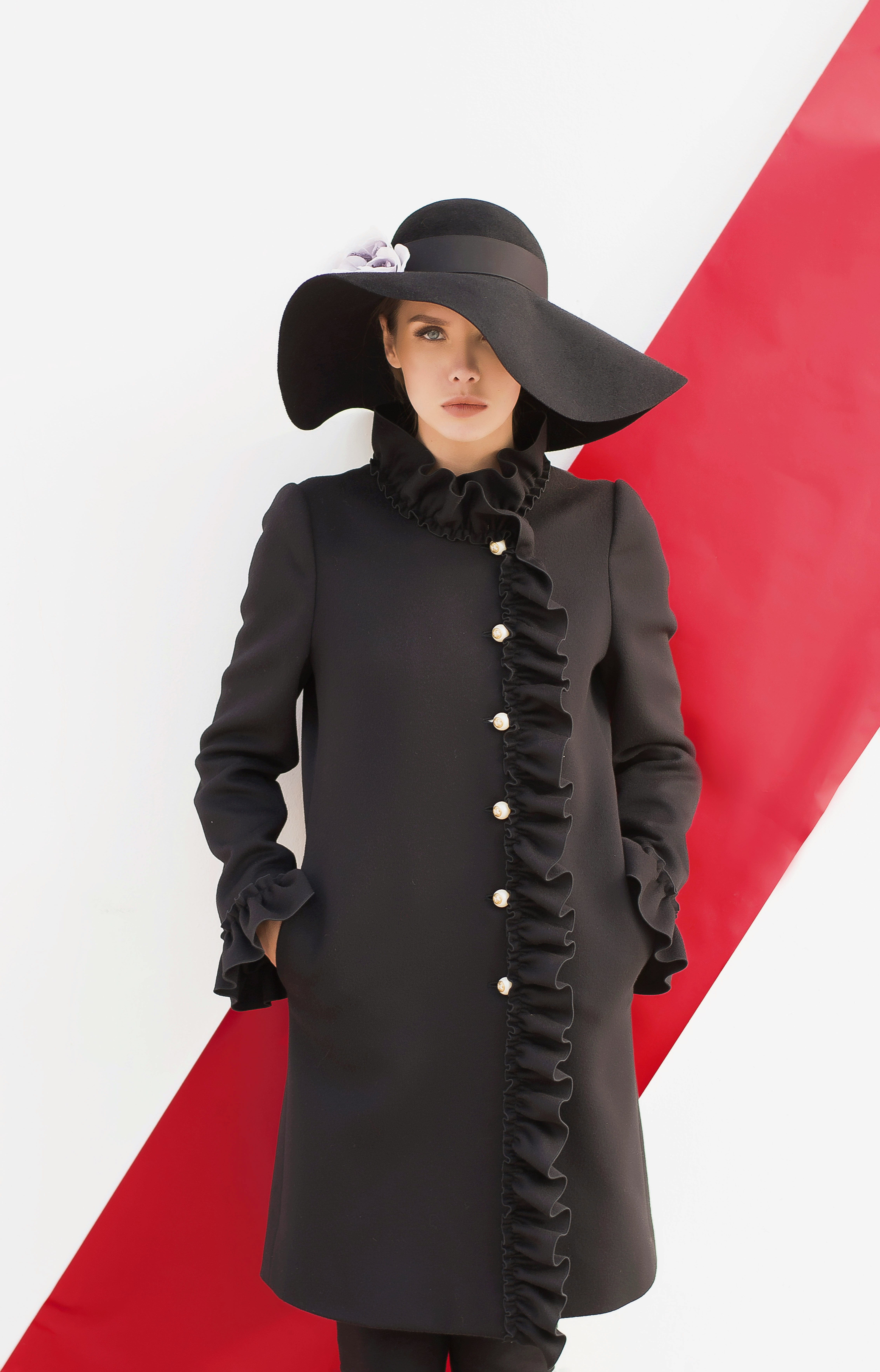 Ruffled Accent Black Coat